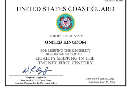 United States Coast Guard certificate recognizing the United Kingdom's Qualship 21 status, for meeting quality shipping standards in the 21st century.